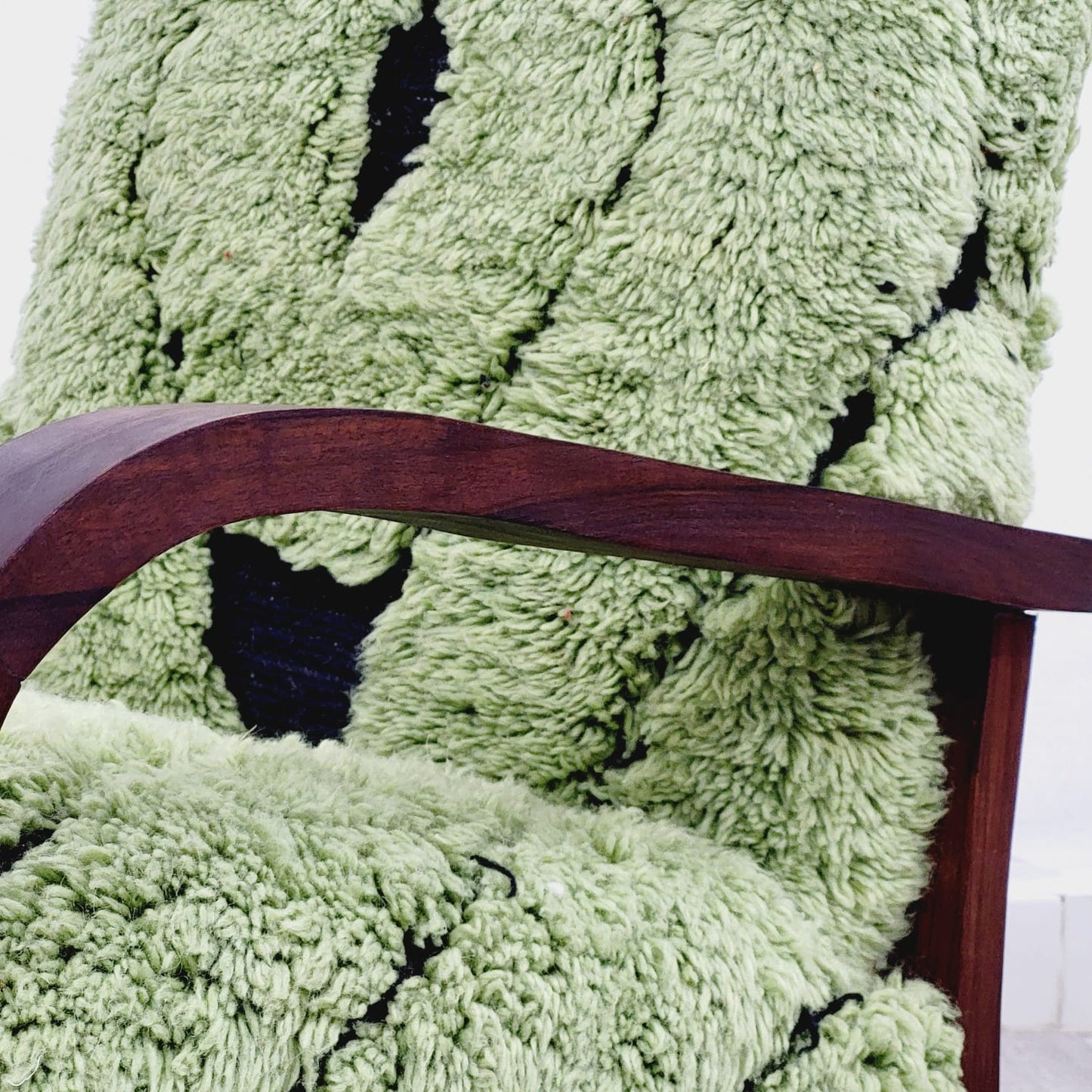 Green Berber Rug Wool Armchair with Natural Wood Frame