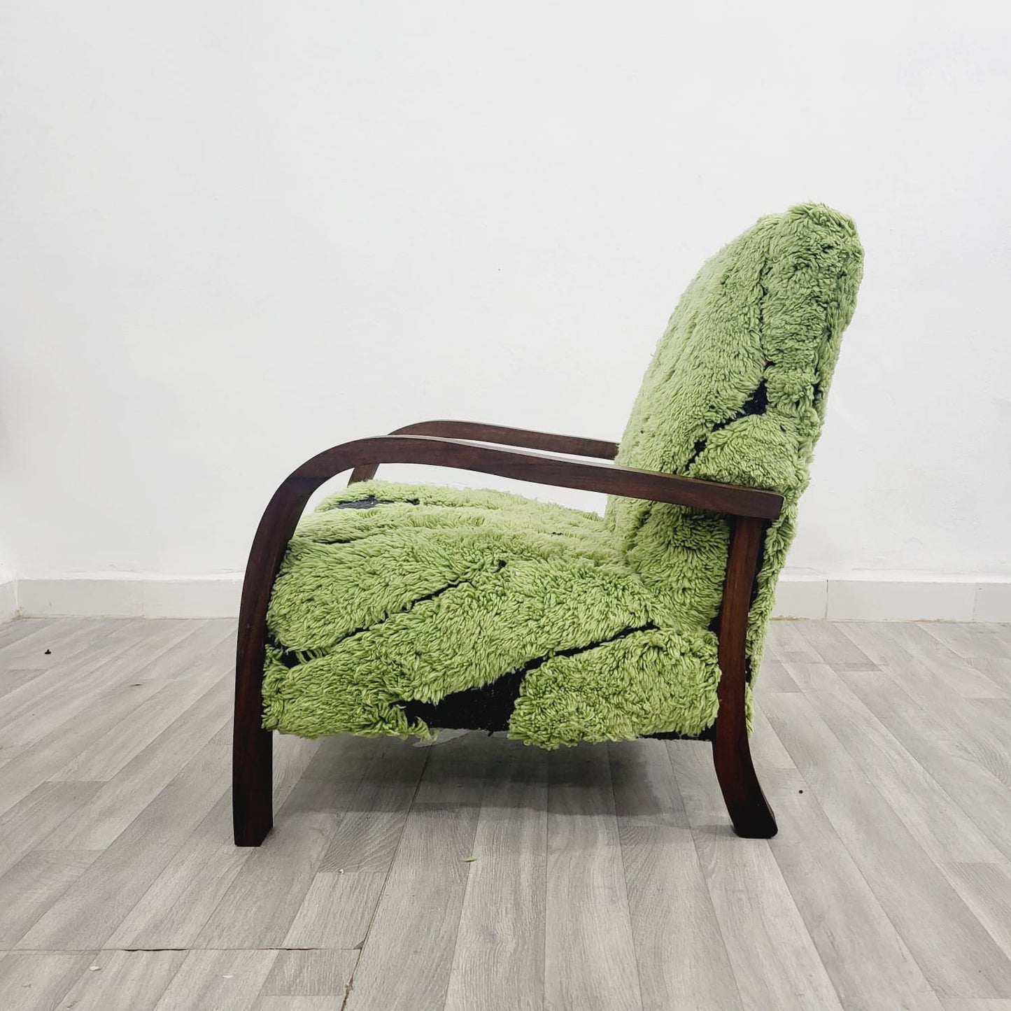 Green Berber Rug Wool Armchair with Natural Wood Frame