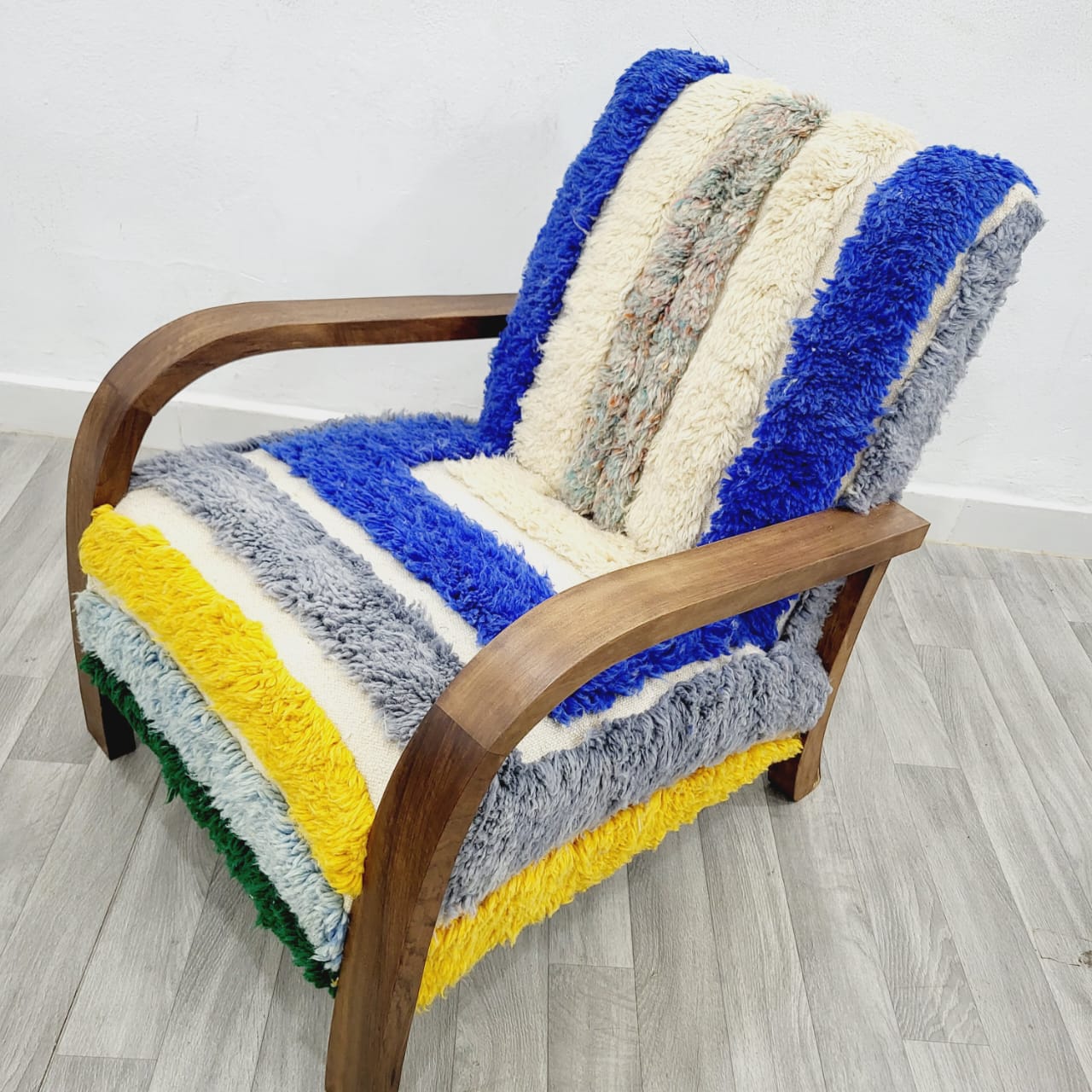 Cheerful Multicolors Wool Armchair with Natural Wood Frame