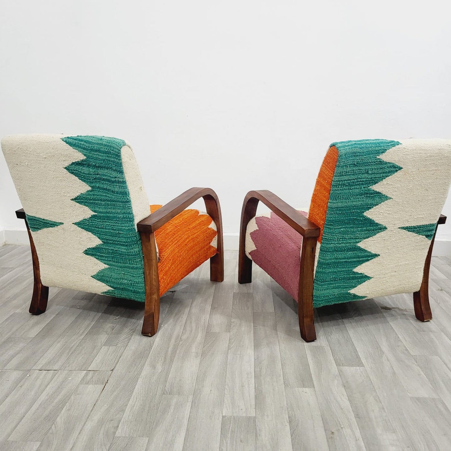 Set of Two Berber Boho Style Modern Chairs with Handcrafted Walnut Wood