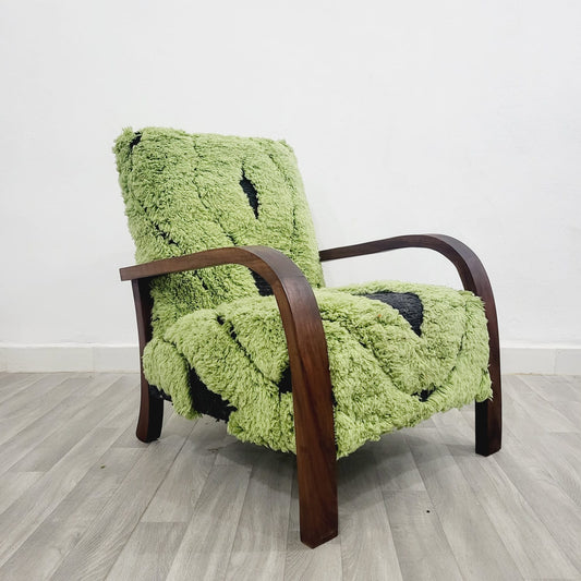 Green Berber Rug Wool Armchair with Natural Wood Frame