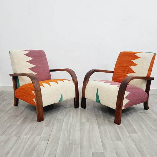 Set of Two Berber Boho Style Modern Chairs with Handcrafted Walnut Wood