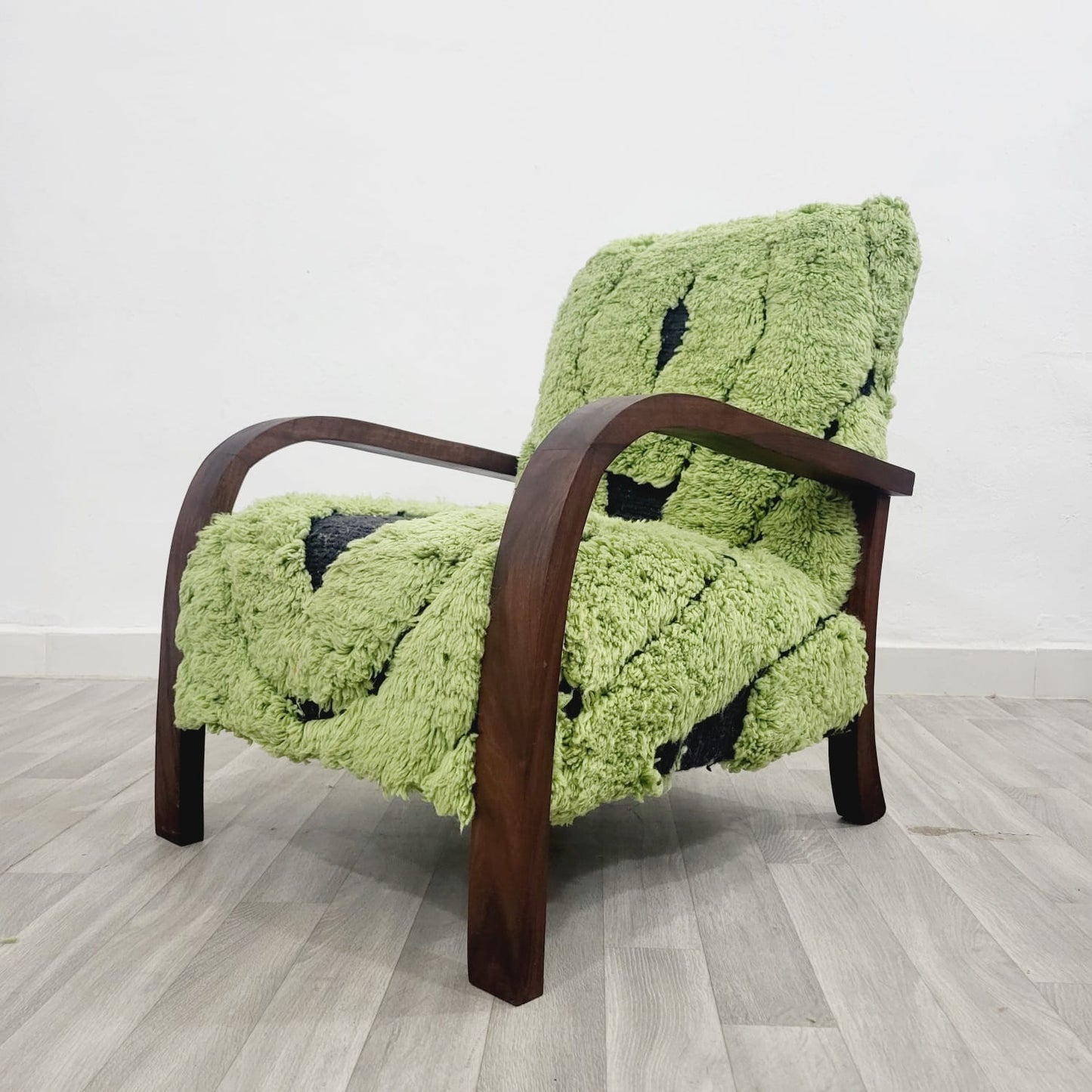 Green Berber Rug Wool Armchair with Natural Wood Frame