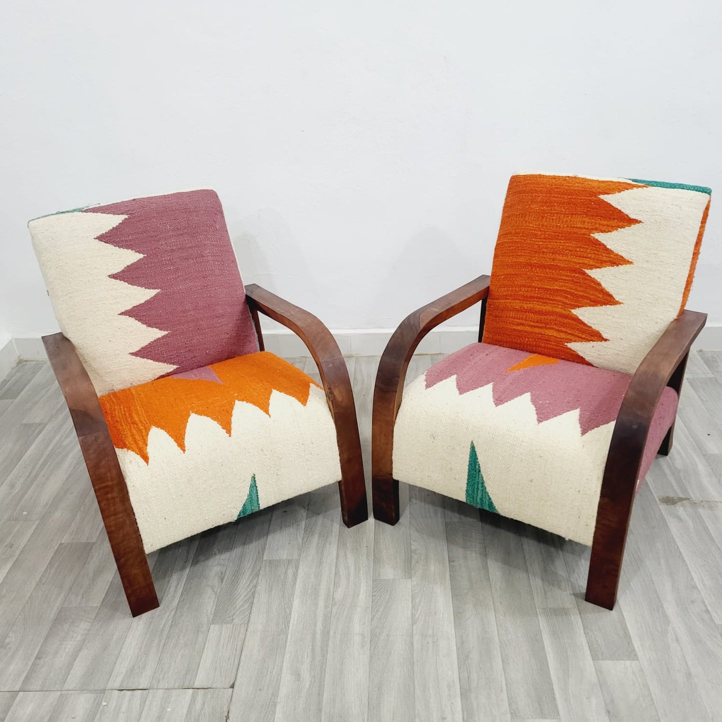 Set of Two Berber Boho Style Modern Chairs with Handcrafted Walnut Wood