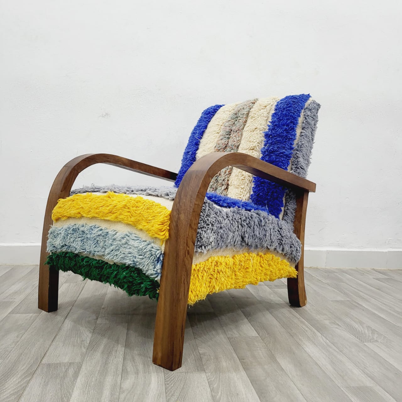 Cheerful Multicolors Wool Armchair with Natural Wood Frame