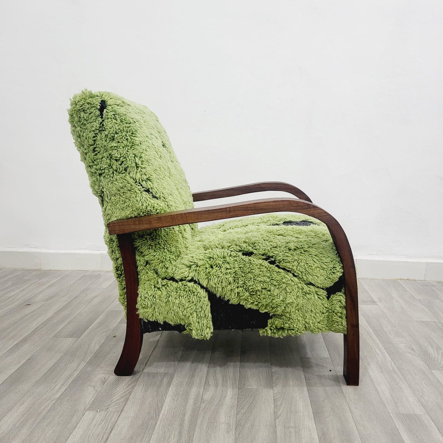 Green Berber Rug Wool Armchair with Natural Wood Frame