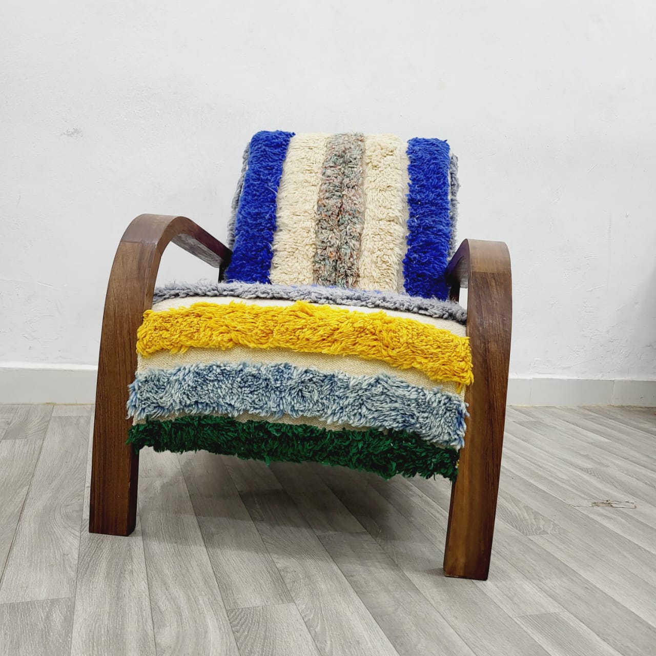 Cheerful Multicolors Wool Armchair with Natural Wood Frame