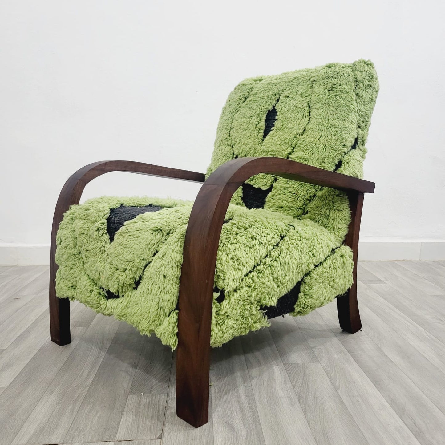 Green Berber Rug Wool Armchair with Natural Wood Frame