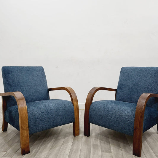 Lively Blue Wool Armchair with Natural Wood Frame