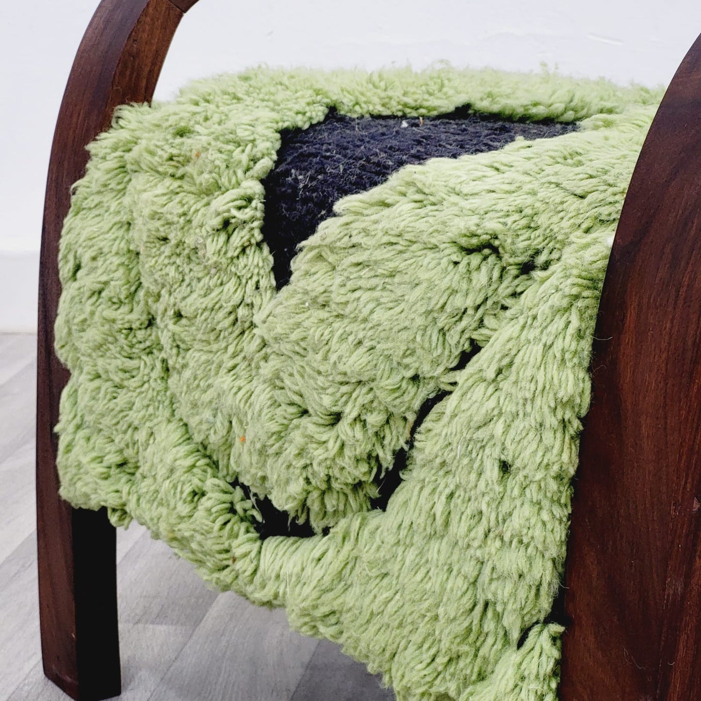 Green Berber Rug Wool Armchair with Natural Wood Frame