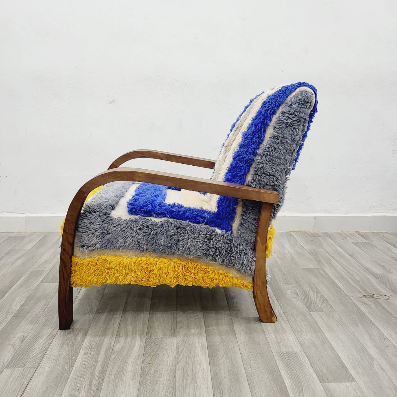 Cheerful Multicolors Wool Armchair with Natural Wood Frame