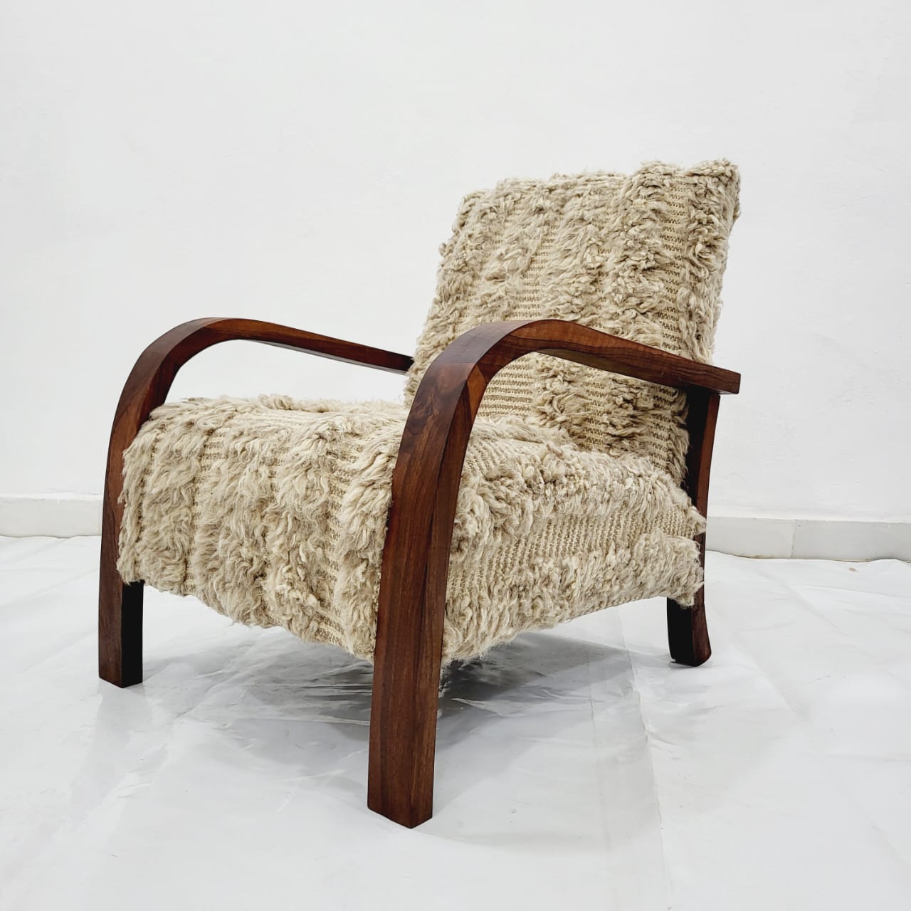 Mid-Century Armchair, Lounge in Vintage Style, Handcrafted With Walnut Wood and Kilim