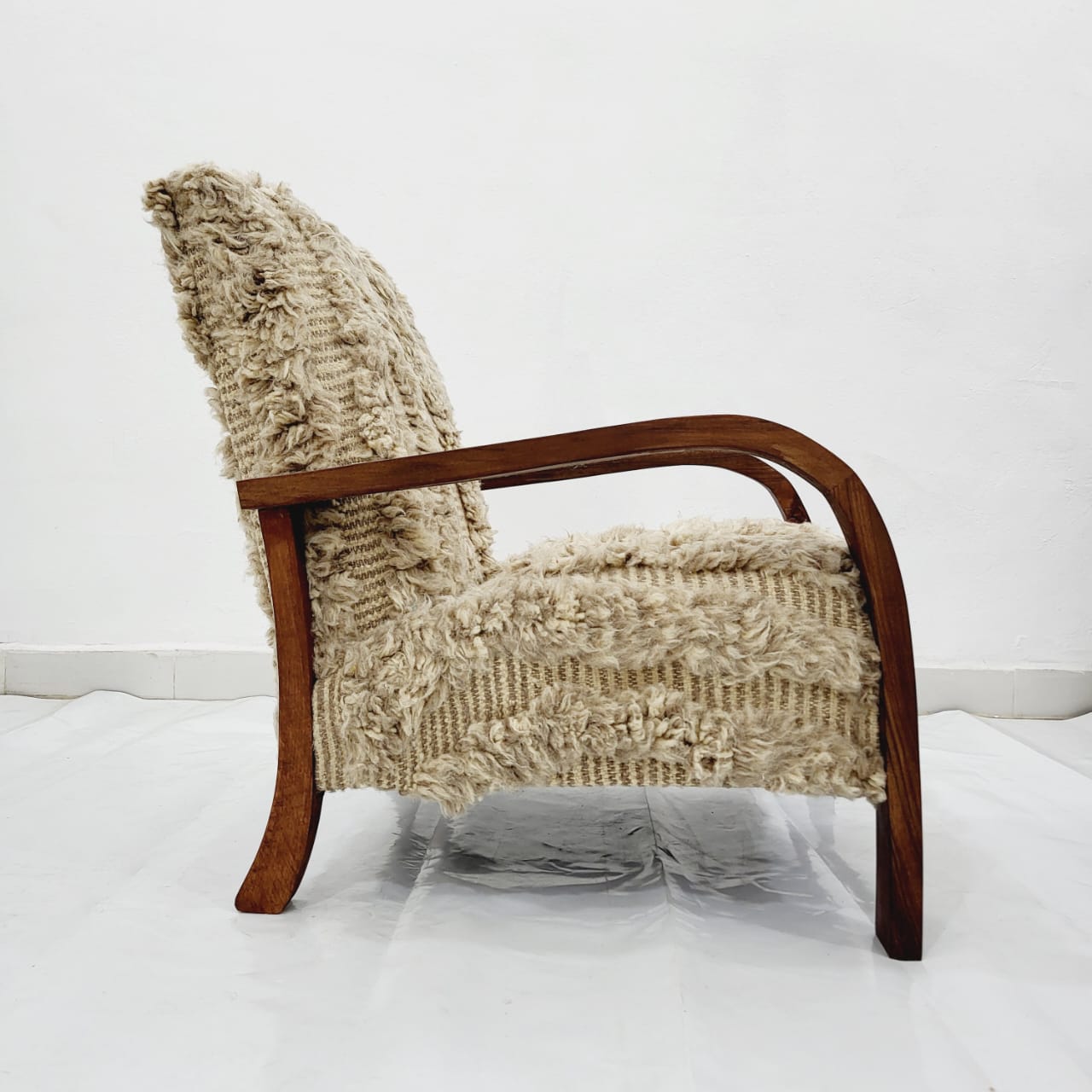 Mid-Century Armchair, Lounge in Vintage Style, Handcrafted With Walnut Wood and Kilim