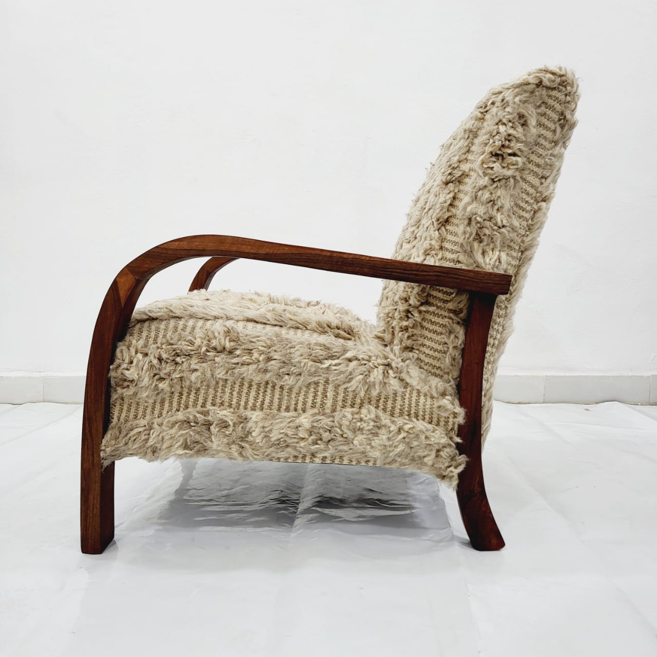 Mid-Century Armchair, Lounge in Vintage Style, Handcrafted With Walnut Wood and Kilim