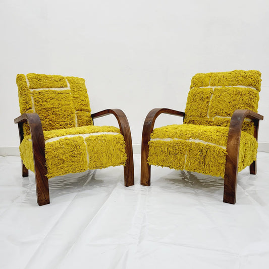 Yellow Mid Century Armchair in Handcrafted Walnut & Vintage Kilim, Set of 2