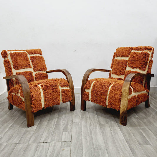 Handmade Walnut Wood Chair in Vintage Kilim, Orange Set of 2