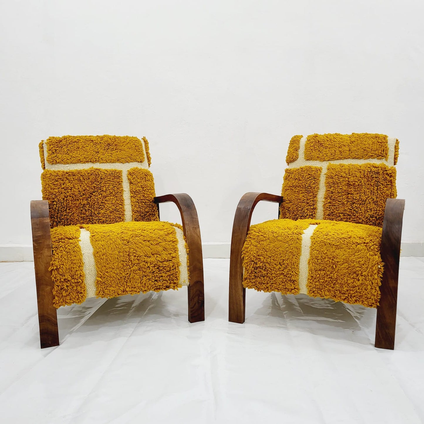 Lounge Chair With a Pop of Yellow, Handcrafted Walnut Wood and Vintage Kilim, Set of 2