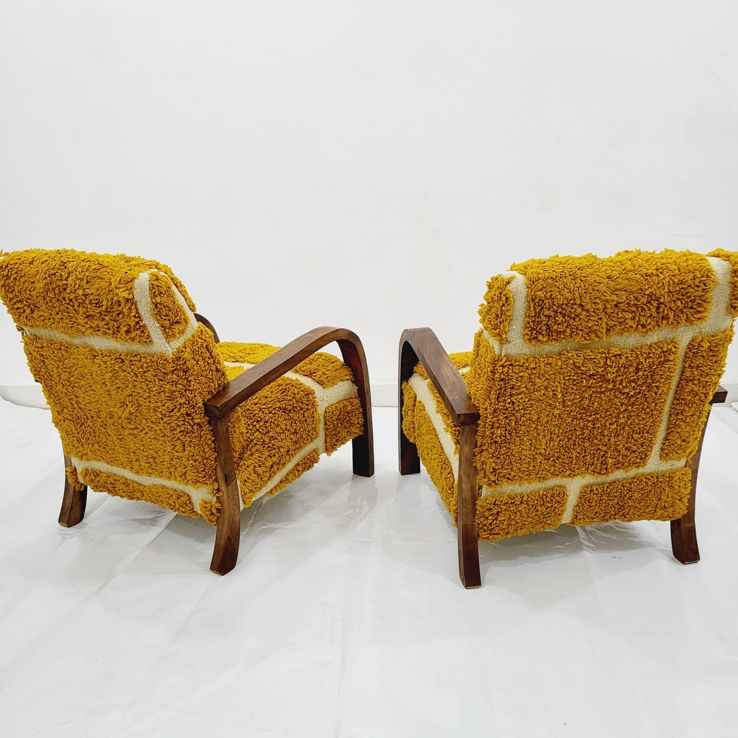 Lounge Chair With a Pop of Yellow, Handcrafted Walnut Wood and Vintage Kilim, Set of 2