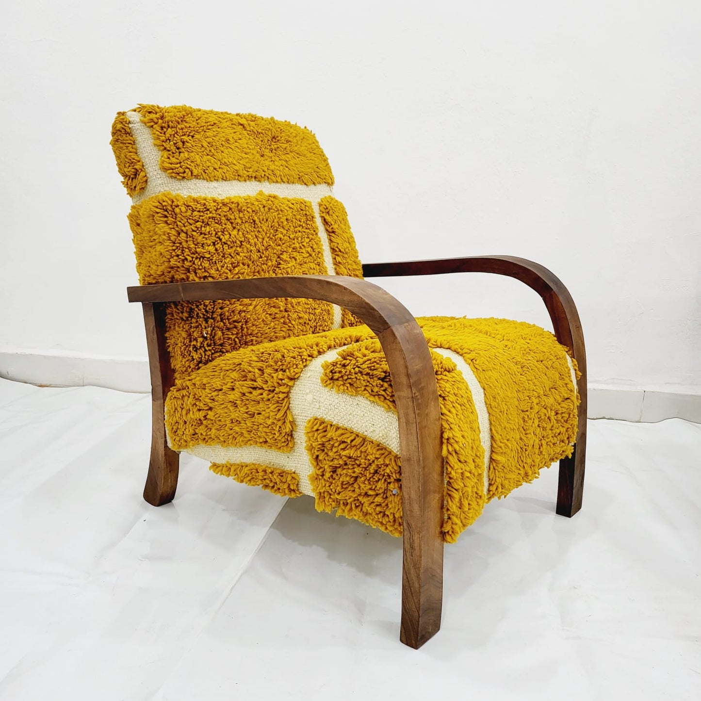 Lounge Chair With a Pop of Yellow, Handcrafted Walnut Wood and Vintage Kilim, Set of 2