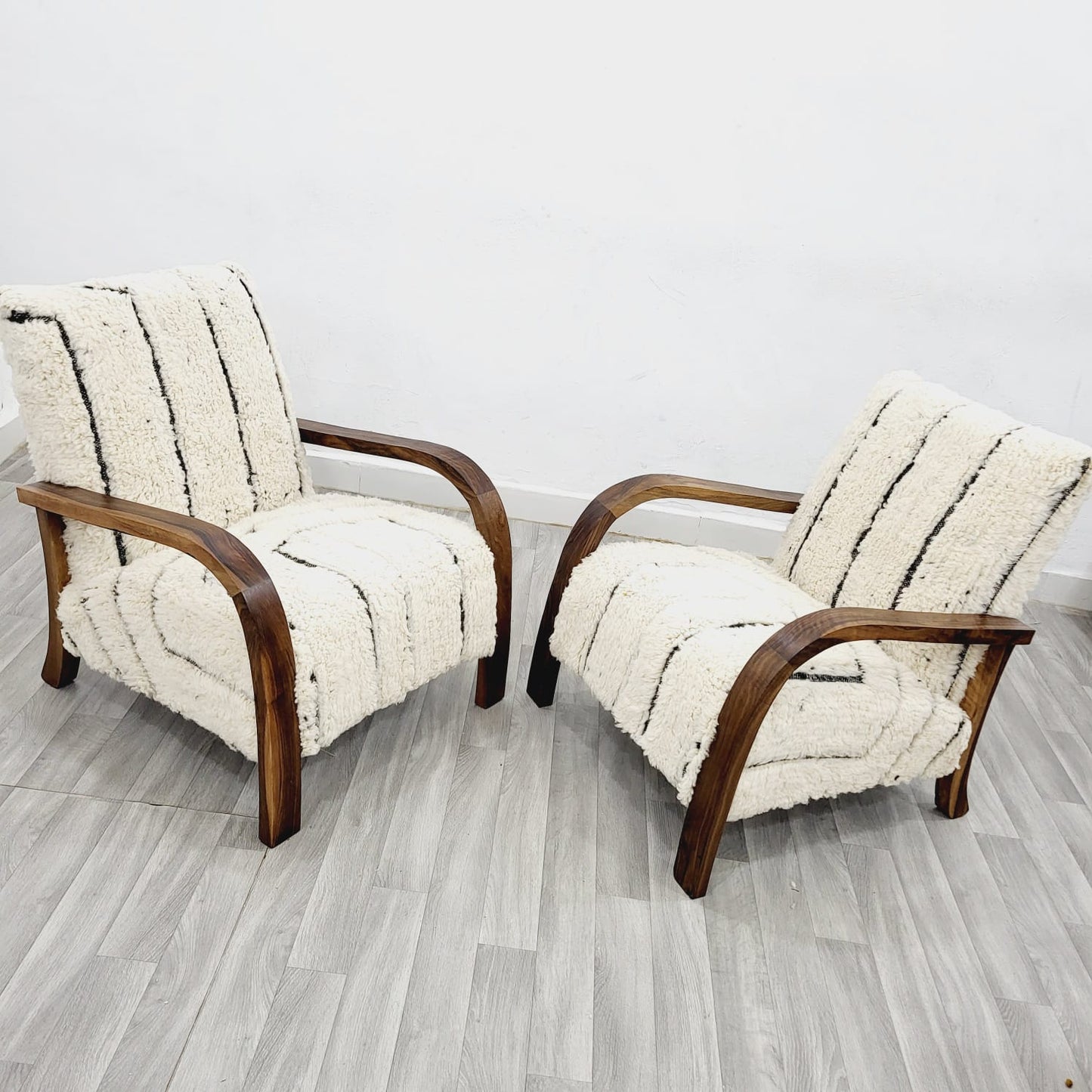 Moroccan Kilim Rug Armchairs in Black & White Berber Style, Set of 2