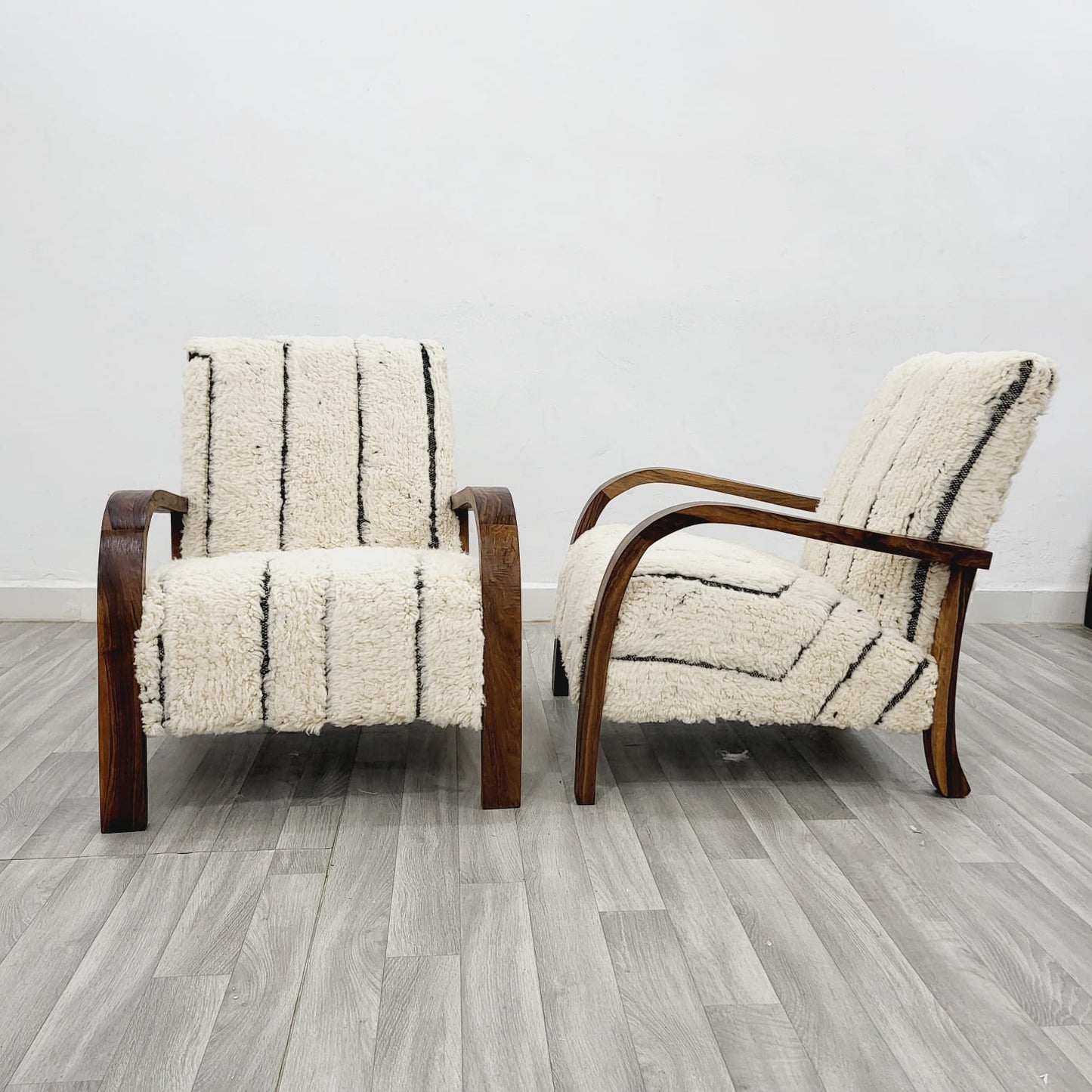 Moroccan Kilim Rug Armchairs in Black & White Berber Style, Set of 2