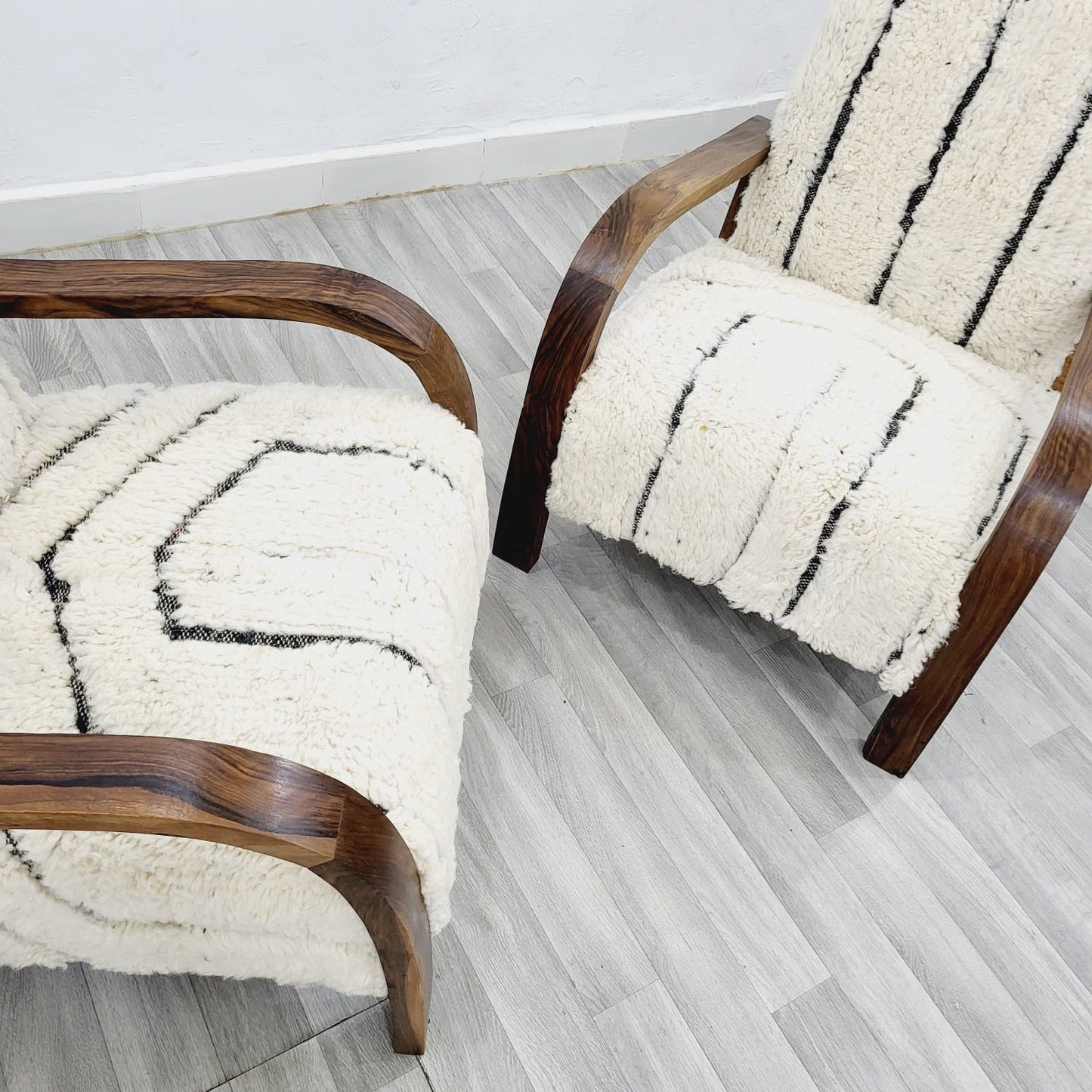 Moroccan Kilim Rug Armchairs in Black & White Berber Style, Set of 2