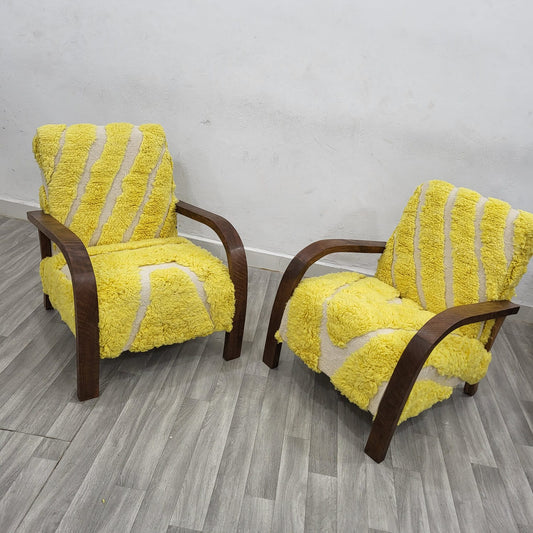 Yellow Mid-Century Armchairs with Handcrafted Walnut and Vintage Kilim, Set of 2