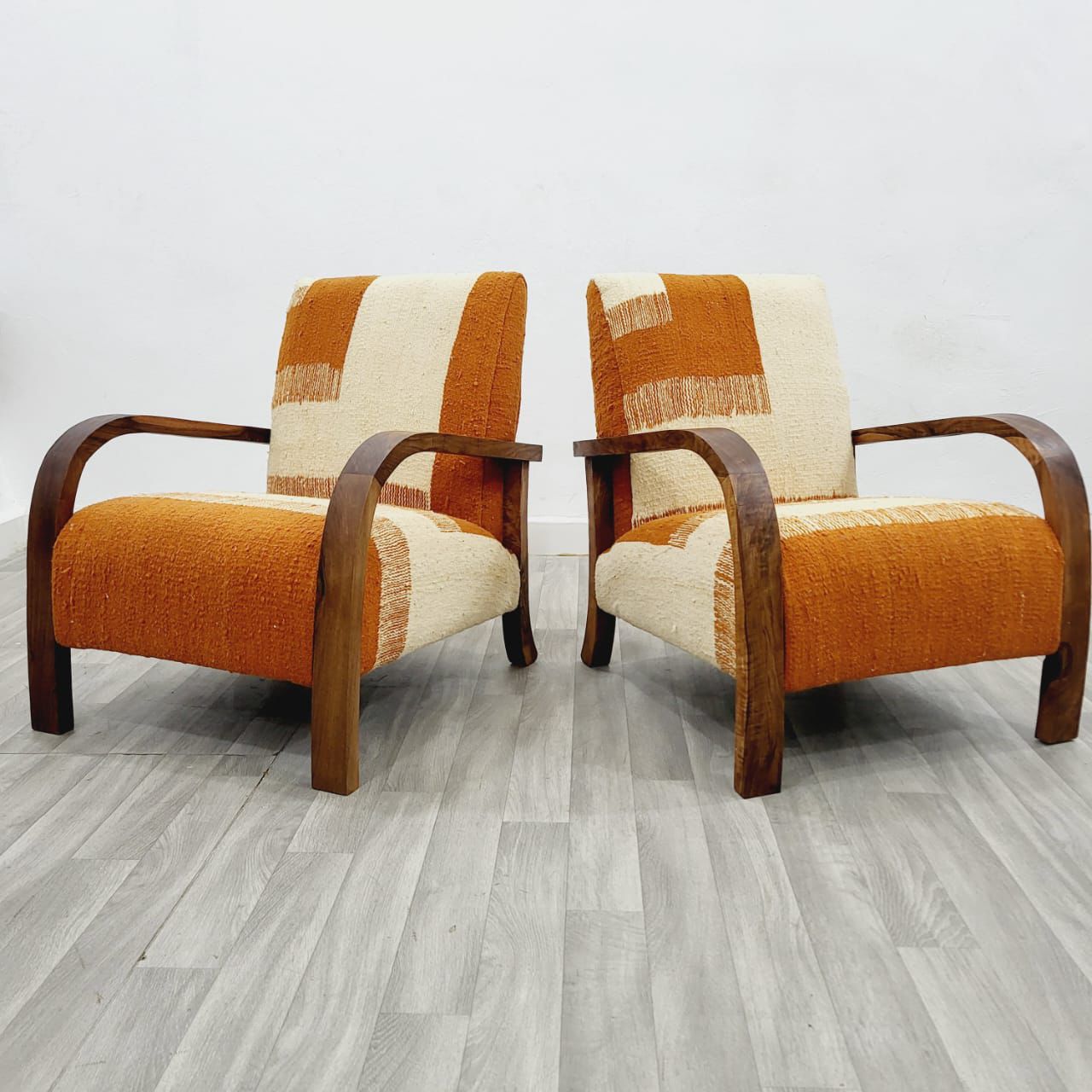 Orange & Beige Vintage Kilim Walnut Wood Chairs, Handmade Set of 2