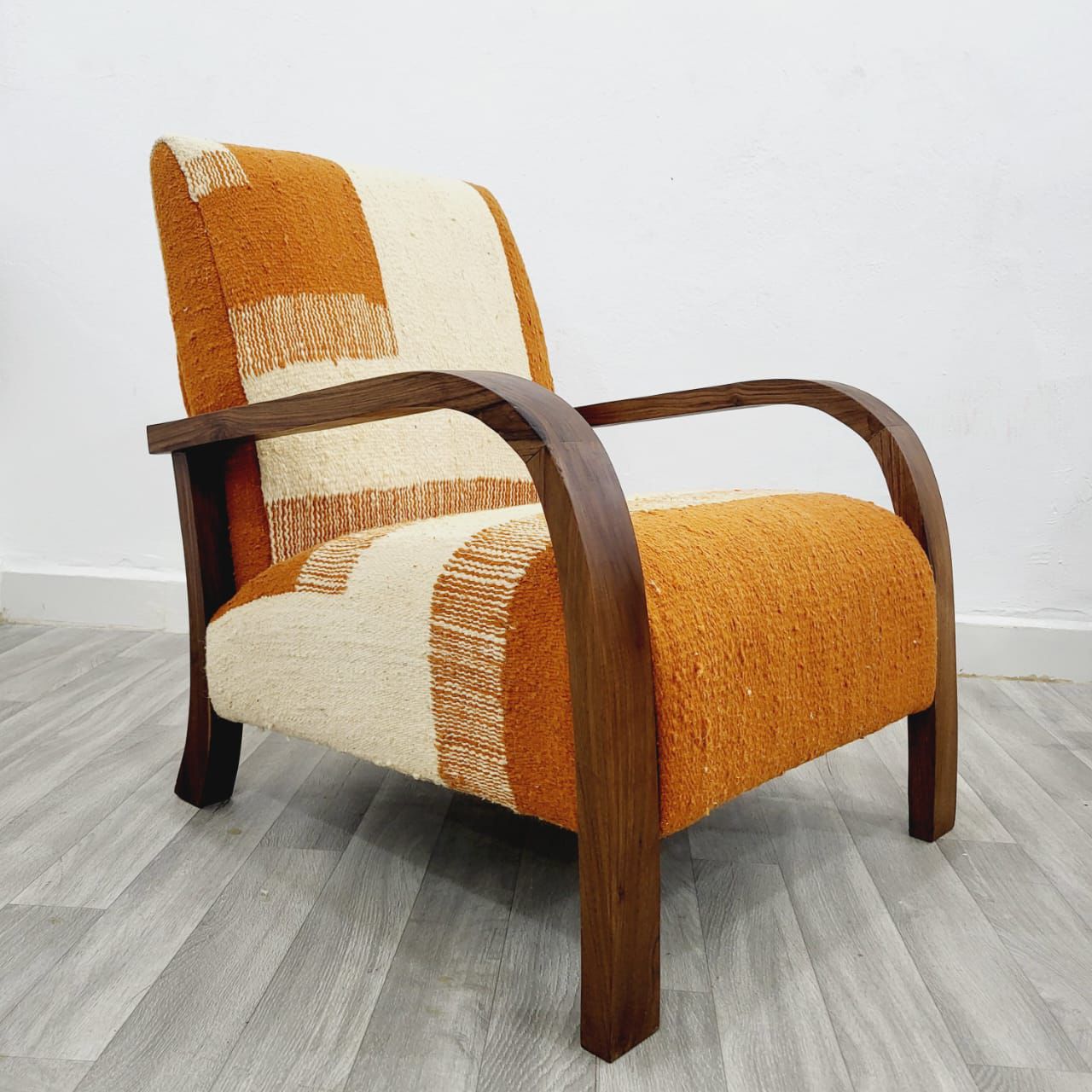 Orange & Beige Vintage Kilim Walnut Wood Chairs, Handmade Set of 2