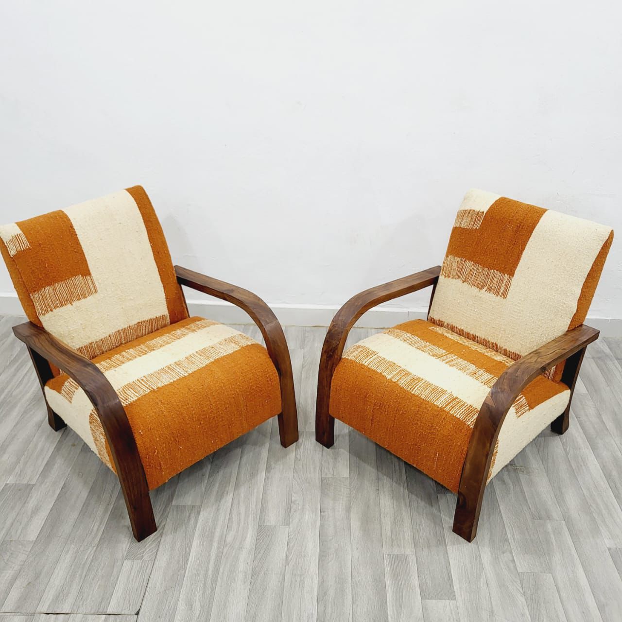 Orange & Beige Vintage Kilim Walnut Wood Chairs, Handmade Set of 2