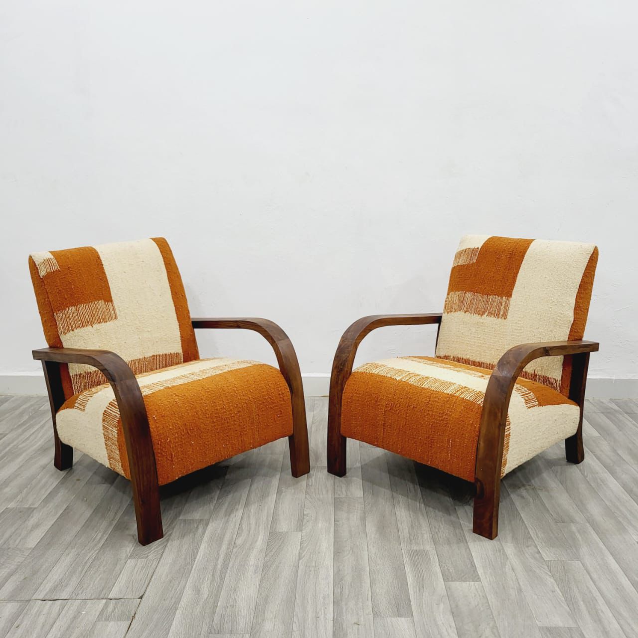 Orange & Beige Vintage Kilim Walnut Wood Chairs, Handmade Set of 2