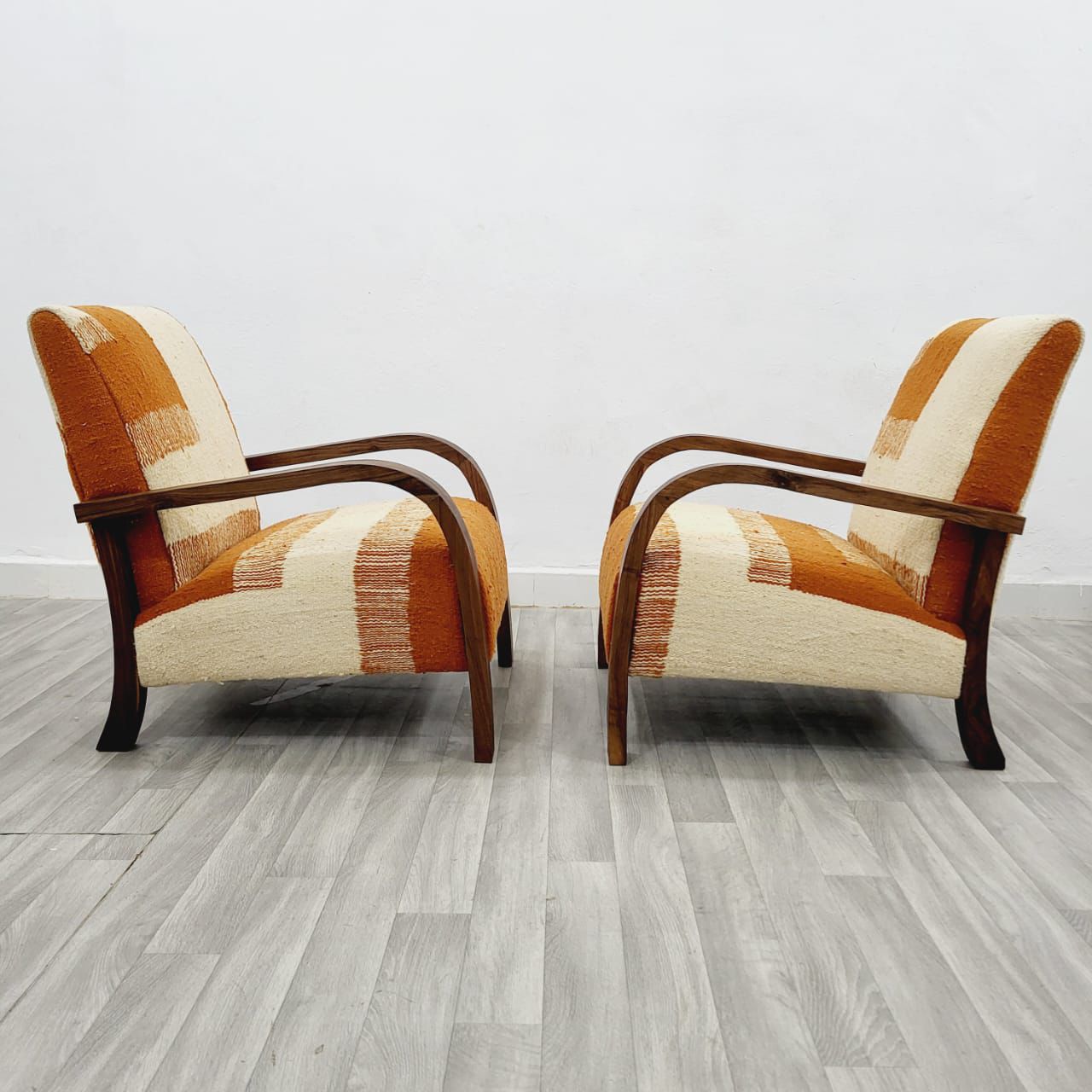 Orange & Beige Vintage Kilim Walnut Wood Chairs, Handmade Set of 2