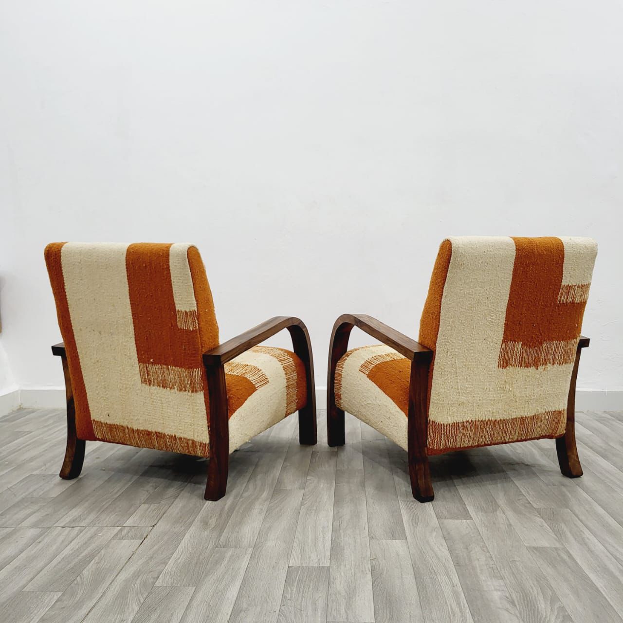 Orange & Beige Vintage Kilim Walnut Wood Chairs, Handmade Set of 2