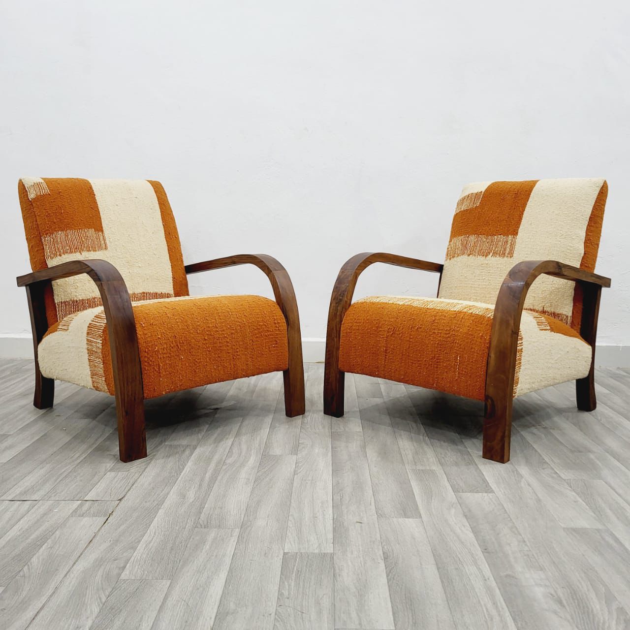 Orange & Beige Vintage Kilim Walnut Wood Chairs, Handmade Set of 2